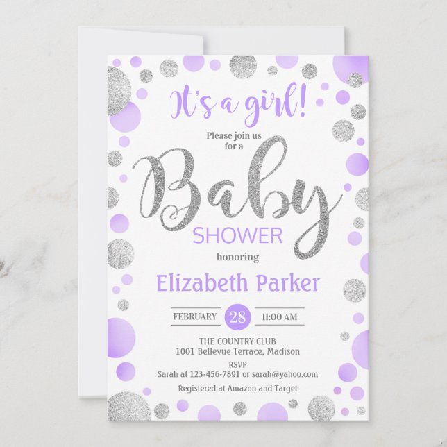 Invitation Baby shower fille - Pots d'argent viole (Devant)