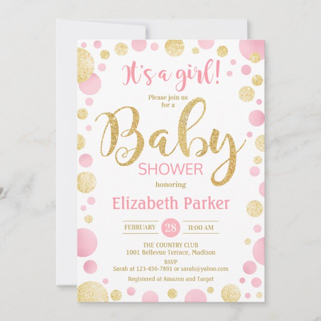 Invitation Baby shower fille - Pots d'or rose (Devant)