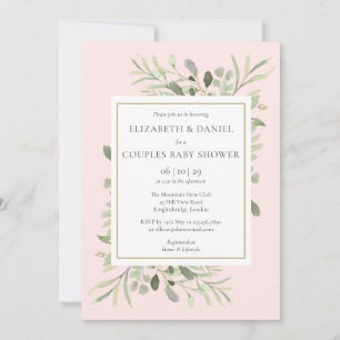 Invitation Baby Shower Fille pour Couple Rose Eucalyptus Verd