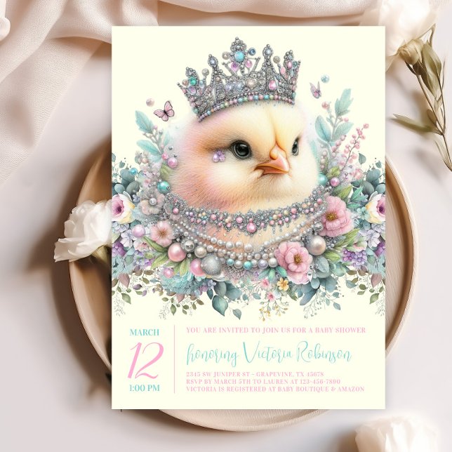 Invitation Baby Shower Fille Poussin Pastel (Beautiful chick with jewels and crown on a pretty floral background. )