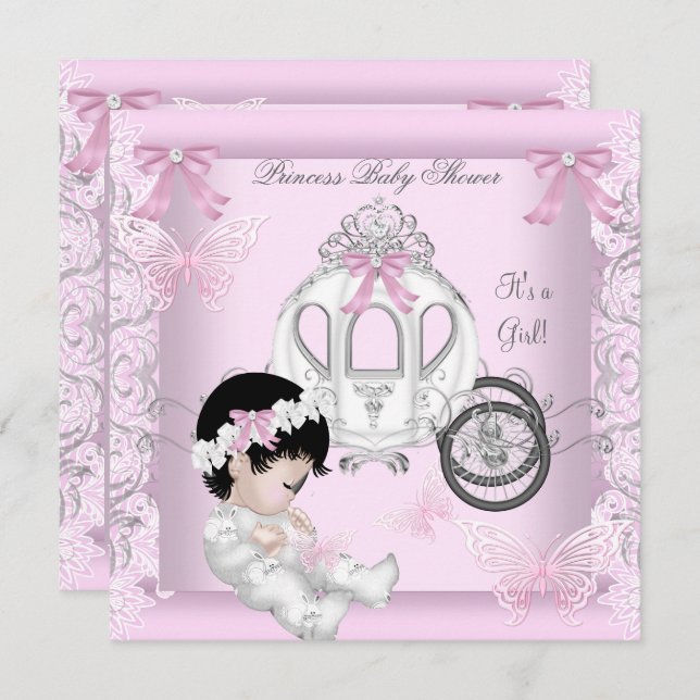 Invitation Baby shower fille Princesse Carriage Papillon (Devant / Derrière)
