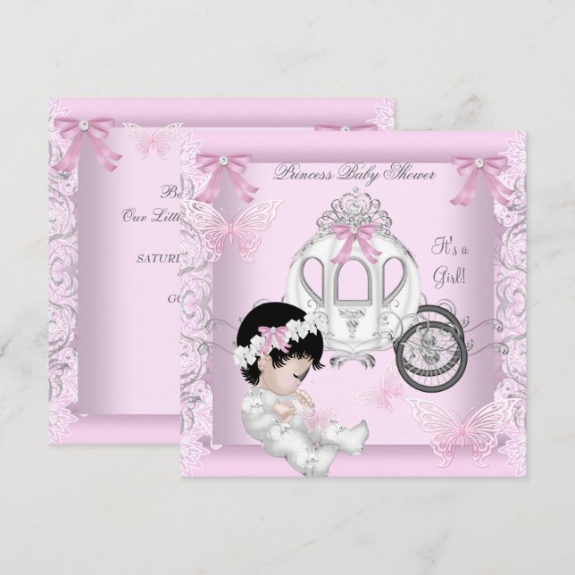 Invitation Baby Shower Fille Princesse Carrosse Papillon (Devant / Derrière)