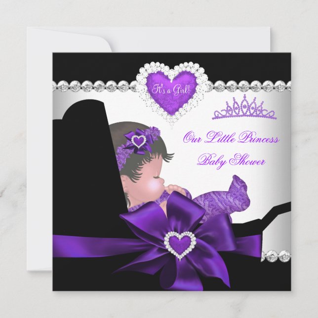 Invitation Baby Shower Fille Princesse Cœurs Diamant Violet (Devant)