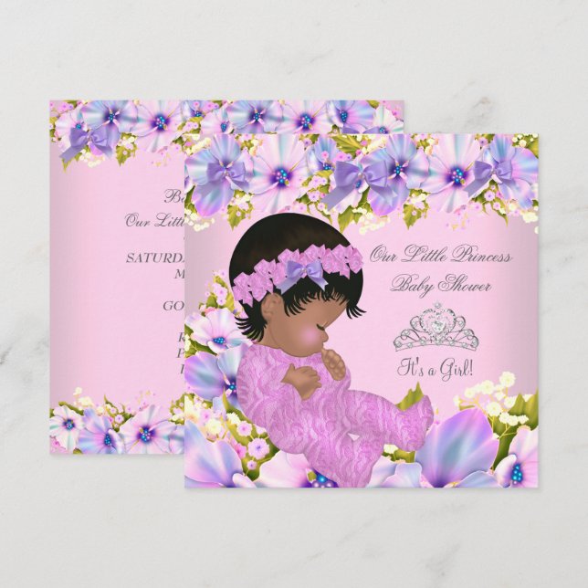 Invitation Baby Shower Fille Princesse Fleur rose violet (Devant / Derrière)