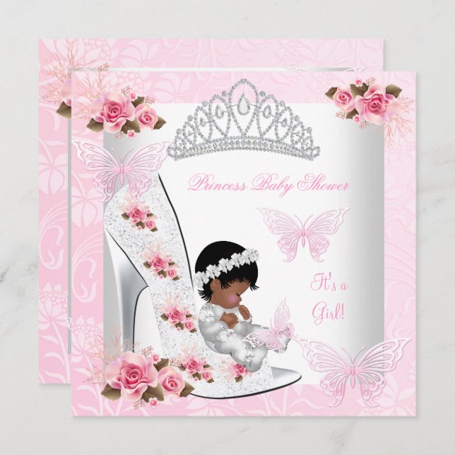 Invitation Baby shower fille princesse papillon Chaussure ros (Devant / Derrière)