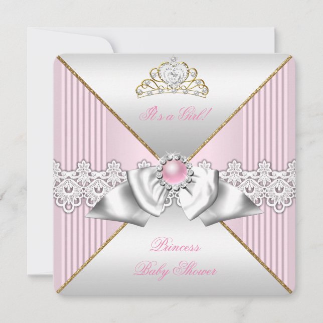Invitation Baby-Shower Fille Princesse Perle Rose Or Argent (Devant)