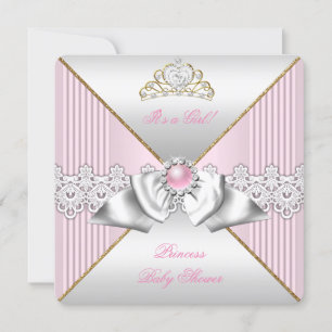 Invitation Baby-Shower Fille Princesse Perle Rose Or Argent