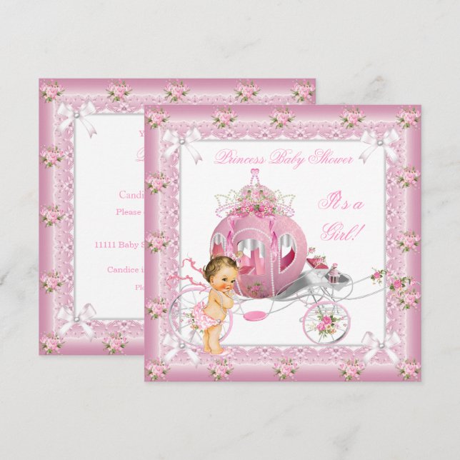 Invitation Baby Shower Fille Princesse Perles Roses Brunette (Devant / Derrière)