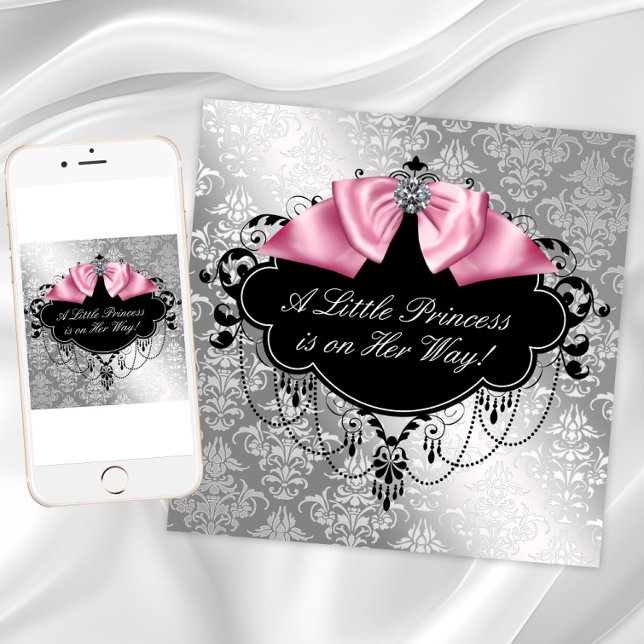 Invitation Baby Shower Fille Princesse Rose Noir (Pink black and silver baby shower invitation with pink diamond bow on damask background.)