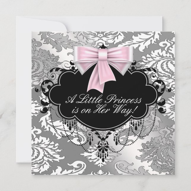 Invitation Baby Shower Fille Princesse Rose Noir Argenté (Devant)