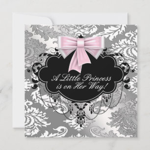Invitation Baby Shower Fille Princesse Rose Noir Argenté