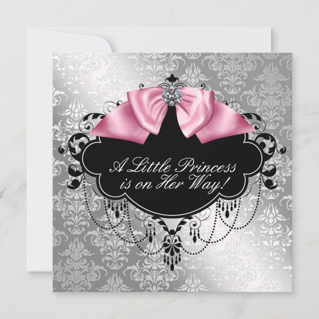 Invitation Baby Shower Fille Princesse Rose Noir Argenté (Devant)