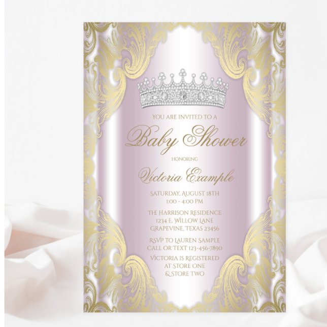 Invitation Baby Shower Fille Princesse Rose Pâle Or (You can change all text as needed for your event.)