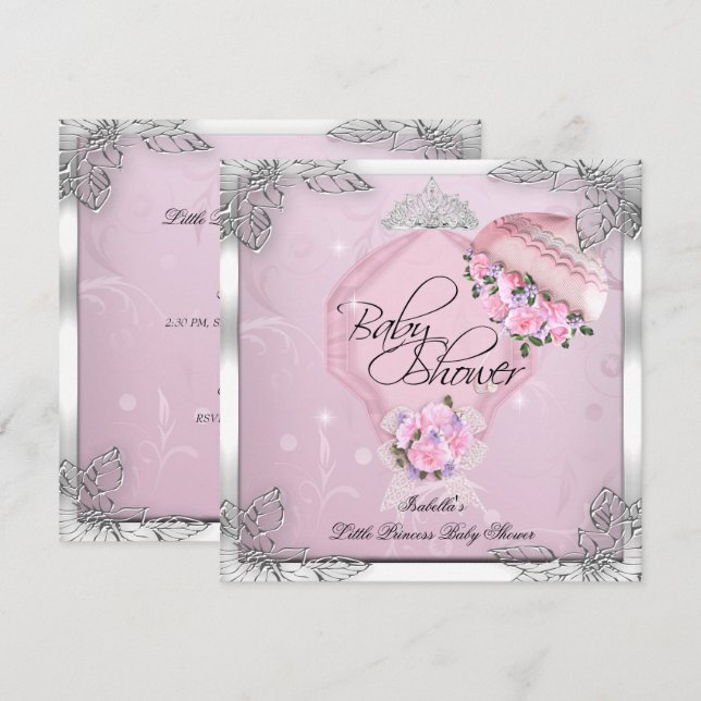 Invitation Baby Shower Fille Princesse Roses Roses Argentées (Devant / Derrière)