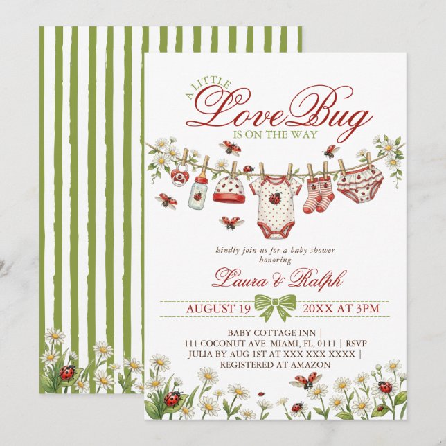 Invitation Baby Shower Fille Punaise d'Amour (Devant / Derrière)