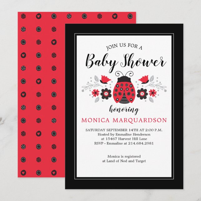 Invitation Baby shower fille Red Ladybug mignon (Devant / Derrière)