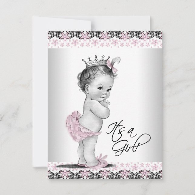 Invitation Baby Shower Fille Rétro Rose et Gris (Devant)