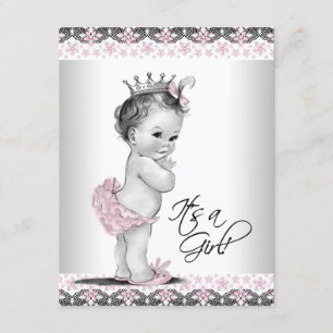 Invitation Baby Shower Fille Rétro Rose et Gris