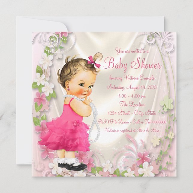 Invitation Baby Shower Fille Robe à Froufrous Rose et Perles (Devant)