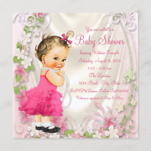 Invitation Baby Shower Fille Robe à Froufrous Rose et Perles