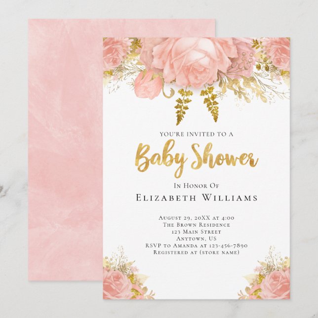 Invitation Baby shower Fille Rose Aquarelle Rose Blush (Devant / Derrière)