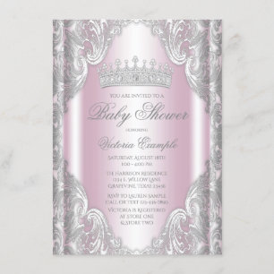Invitation Baby Shower Fille Rose Argent Gris Fantaisie