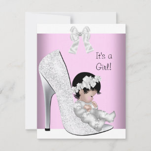 Invitation Baby Shower Fille Rose Argenté Blanc Paillettes Ch