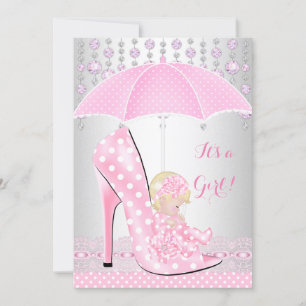 Invitation Baby Shower Fille Rose Baby Shoe Diamant A2