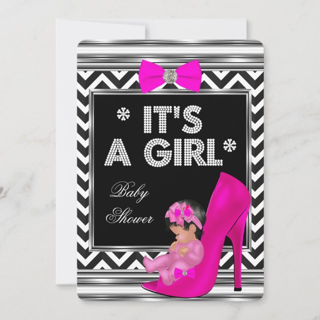 Invitation Baby shower fille rose bébé Chaussure Chevron (Devant)