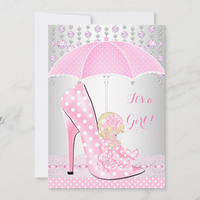 Invitation Baby shower fille rose bébé Chaussure Diamant A2 (Devant)