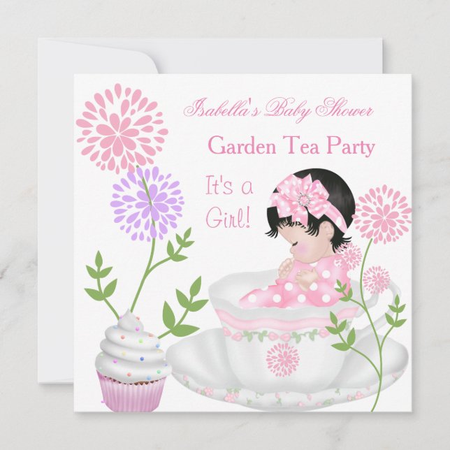 Invitation Baby shower Fille Rose Bébé Jardin Tea Party (Devant)