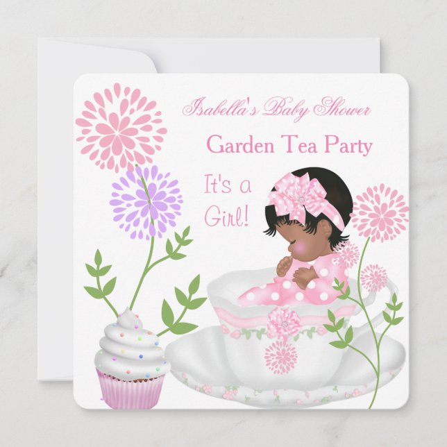 Invitation Baby shower Fille Rose Bébé Jardin Tea Party 2 (Devant)