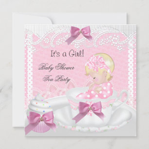 Invitation Baby Shower Fille Rose Bébé Tasse à Thé Cupcake Bl