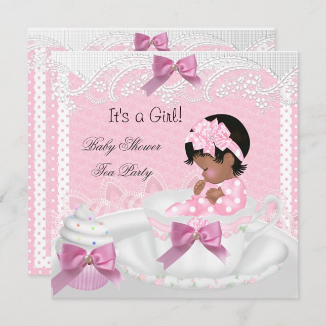 Invitation Baby shower fille rose bébé Teacup Cupcake AA (Devant / Derrière)