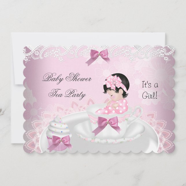 Invitation Baby shower fille rose bébé Teacup Cupcake L2s (Devant)
