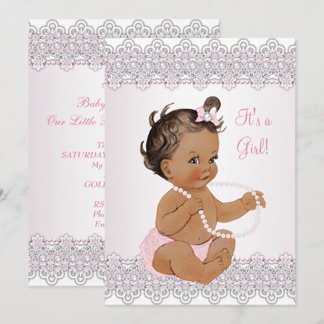 Invitation Baby Shower Fille Rose Blanc Dentelle Perle Brune (Devant / Derrière)