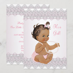 Invitation Baby Shower Fille Rose Blanc Dentelle Perle Brune