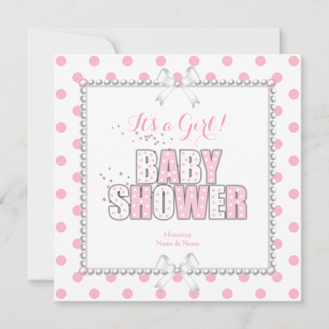 Invitation Baby Shower Fille Rose Blanc Points de Polka Perle (Devant)