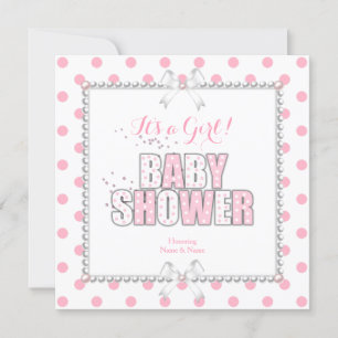 Invitation Baby Shower Fille Rose Blanc Points de Polka Perle