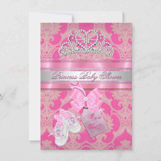 Invitation Baby Shower Fille Rose Blanc Princesse Diadème Bot (Devant)