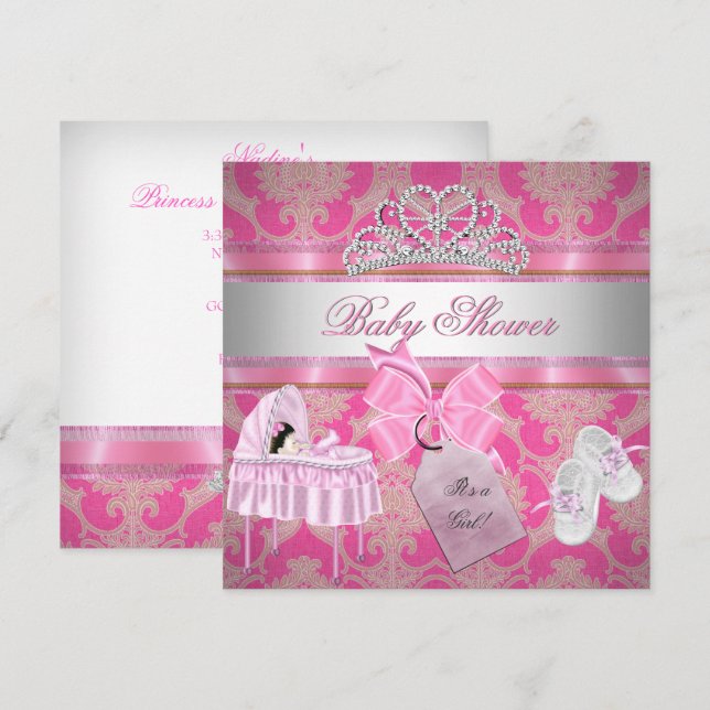 Invitation Baby Shower Fille Rose Blanche Princesse (Devant / Derrière)