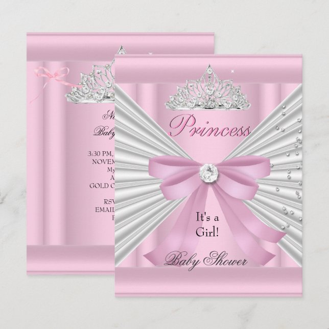Invitation Baby shower fille rose blanche princesse Tiara (Devant / Derrière)