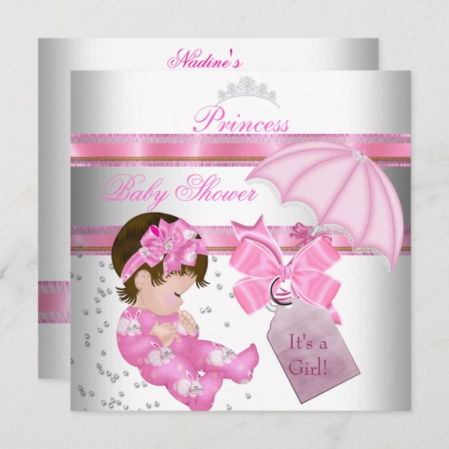 Invitation Baby shower fille rose blanche princesse Tiara (Devant / Derrière)