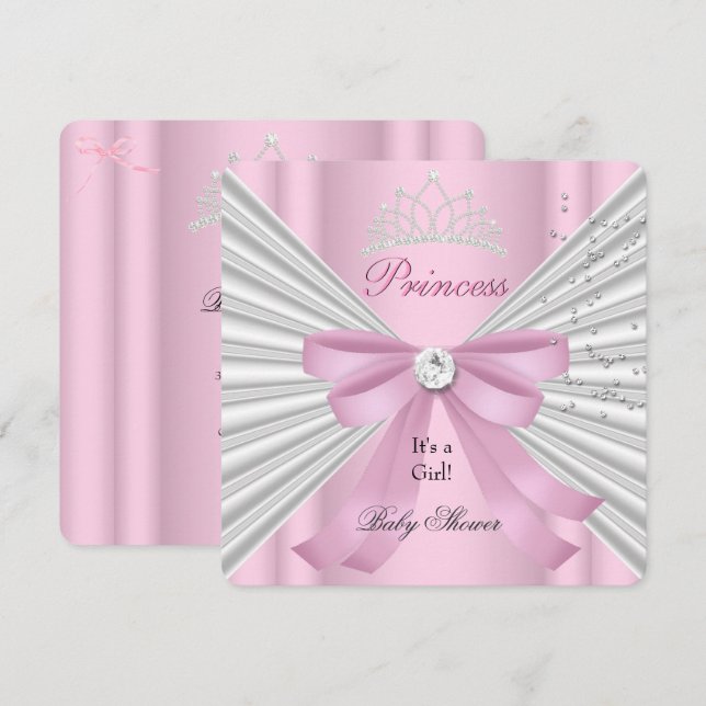 Invitation Baby shower fille rose blanche princesse Tiara (Devant / Derrière)
