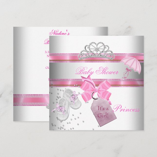 Invitation Baby shower fille rose blanche Princesse Tiara Mag (Devant / Derrière)