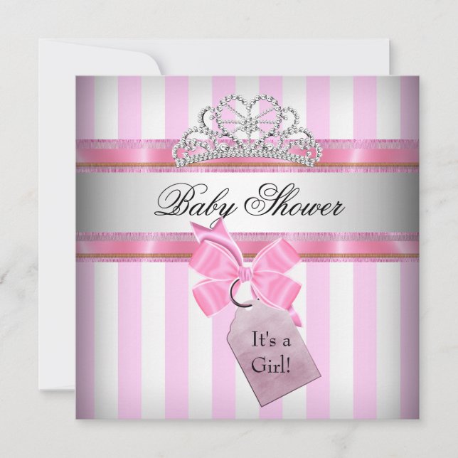 Invitation Baby Shower Fille Rose Blanche Rayure Princesse (Devant)