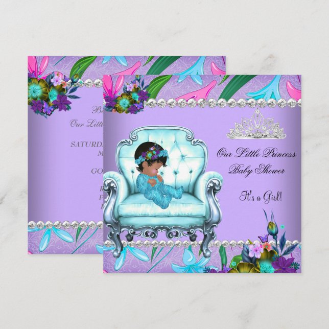 Invitation Baby Shower Fille Rose Bleu Sarcelle Violet Chaise (Devant / Derrière)