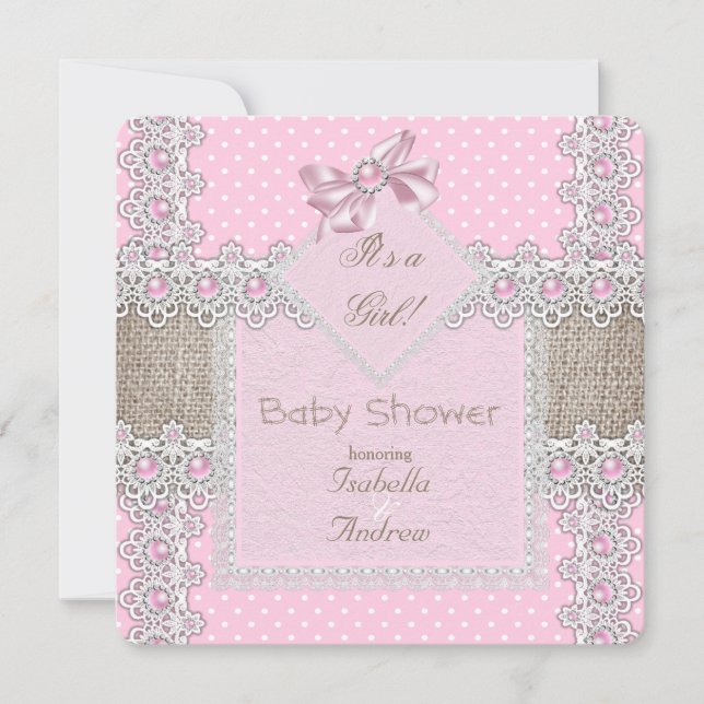 Invitation Baby Shower Fille Rose Bow Perle Dentelle Points d (Devant)