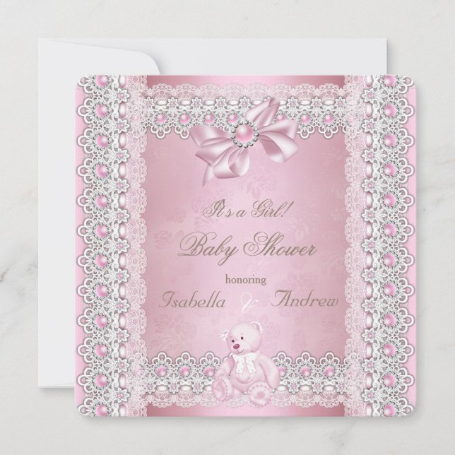 Invitation Baby Shower Fille Rose Bow Perle Lace Damassé (Devant)