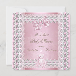 Invitation Baby Shower Fille Rose Bow Perle Lace Damassé